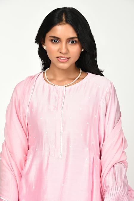 Komal Shah Pink Chanderi Lace, Embroidery Round Neck Dot Kurta Set Online at Aza Fashions Komal Shah_Pink Chanderi Lace, Embroidery Round Neck Dot Kurta Set _Online_at_Aza_Fashions