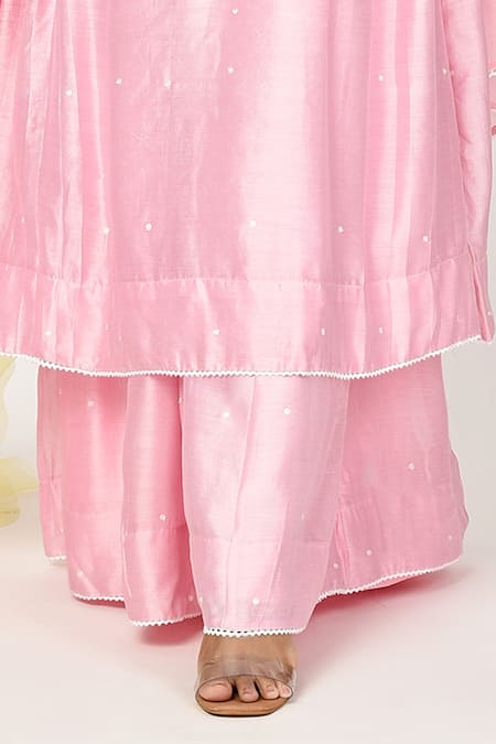 Buy Komal Shah Pink Chanderi Lace, Embroidery Round Neck Dot Kurta Set Online at Aza Fashions Buy_Komal Shah_Pink Chanderi Lace, Embroidery Round Neck Dot Kurta Set _Online_at_Aza_Fashions