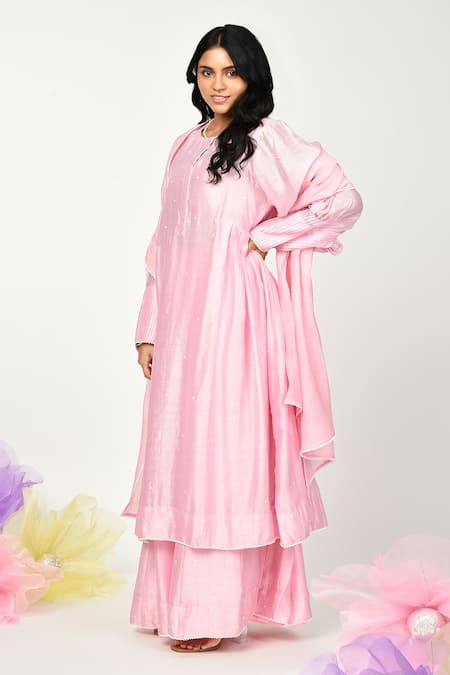 Shop Komal Shah Pink Chanderi Lace, Embroidery Round Neck Dot Kurta Set Online at Aza Fashions Shop_Komal Shah_Pink Chanderi Lace, Embroidery Round Neck Dot Kurta Set _Online_at_Aza_Fashions