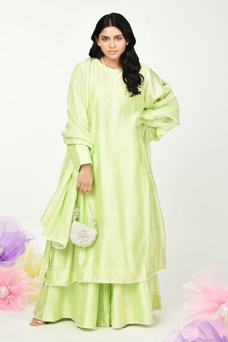 Komal Shah Green Chanderi Embroidery Thread Round Placement Kurta Sharara Set 