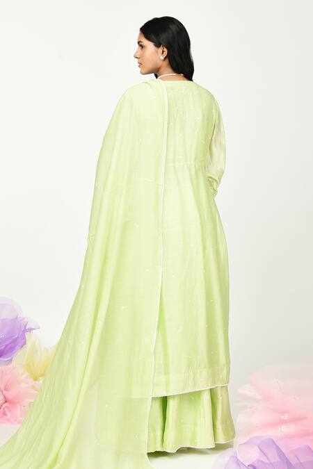 Shop Komal Shah Green Chanderi Embroidery, Lace Round Neck Placement Kurta Sharara Set at Aza Fashions Shop_Komal Shah_Green Chanderi Embroidery, Lace Round Neck Placement Kurta Sharara Set _at_Aza_Fashions