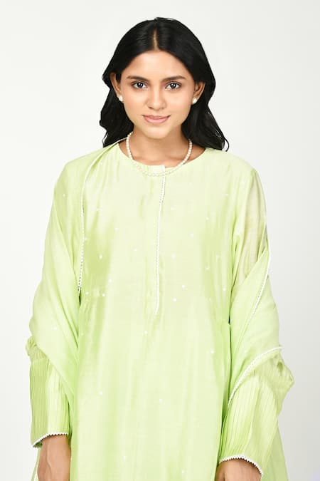 Komal Shah Green Chanderi Embroidery, Lace Round Neck Placement Kurta Sharara Set Online at Aza Fashions Komal Shah_Green Chanderi Embroidery, Lace Round Neck Placement Kurta Sharara Set _Online_at_Aza_Fashions
