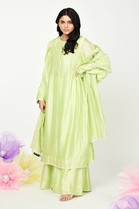 Buy Komal Shah Green Chanderi Embroidery, Lace Round Neck Placement Kurta Sharara Set Online at Aza Fashions Buy_Komal Shah_Green Chanderi Embroidery, Lace Round Neck Placement Kurta Sharara Set _Online_at_Aza_Fashions
