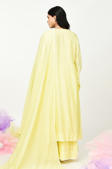 Shop_Komal Shah_Yellow Chanderi Lace, Embroidery Round Neck Dot Kurta Sharara Set _at_Aza_Fashions
