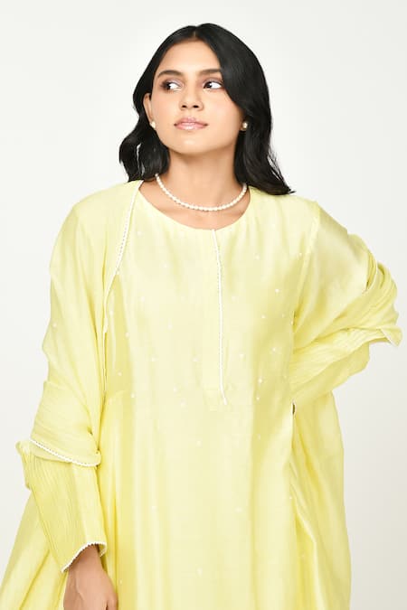 Komal Shah_Yellow Chanderi Lace, Embroidery Round Neck Dot Kurta Sharara Set _Online_at_Aza_Fashions
