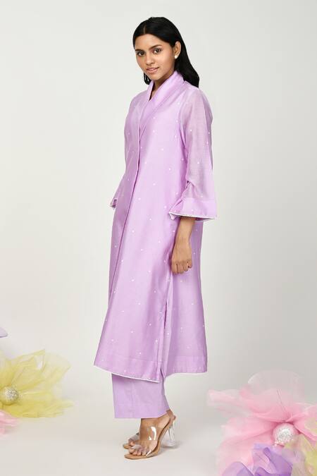 Buy_Komal Shah_Purple Chanderi, Cotton Lace Shawl Neck Jacket Kurta And Pant Set _Online_at_Aza_Fashions