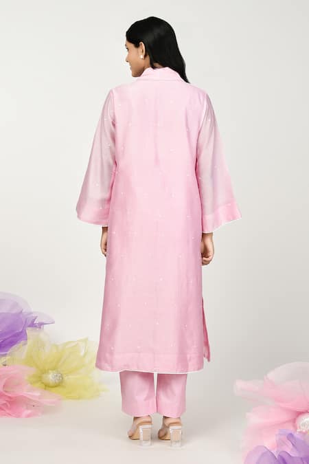Shop Komal Shah Pink Chanderi, Cotton Lace Shawl Neck Dot Embroidered Jacket Kurta And Pant Set at Aza Fashions Shop_Komal Shah_Pink Chanderi, Cotton Lace Shawl Neck Dot Embroidered Jacket Kurta And Pant Set _at_Aza_Fashions