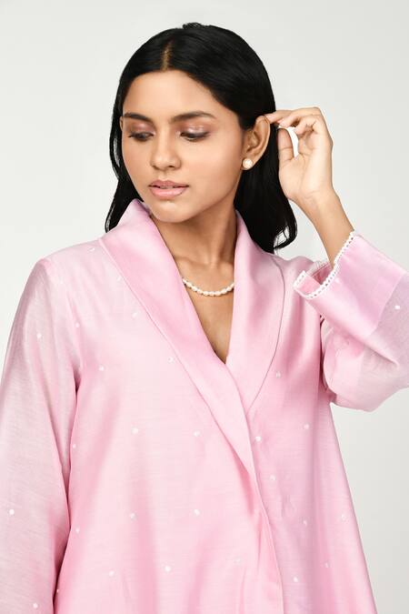 Komal Shah Pink Chanderi, Cotton Lace Shawl Neck Dot Embroidered Jacket Kurta And Pant Set Online at Aza Fashions Komal Shah_Pink Chanderi, Cotton Lace Shawl Neck Dot Embroidered Jacket Kurta And Pant Set _Online_at_Aza_Fashions