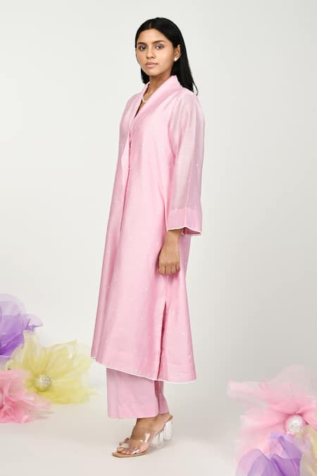 Buy Komal Shah Pink Chanderi, Cotton Lace Shawl Neck Dot Embroidered Jacket Kurta And Pant Set Online at Aza Fashions Buy_Komal Shah_Pink Chanderi, Cotton Lace Shawl Neck Dot Embroidered Jacket Kurta And Pant Set _Online_at_Aza_Fashions