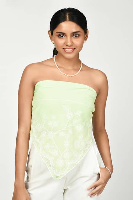 Komal Shah_Green Floral Summer Chanderi Embroidered Scarf _Online_at_Aza_Fashions