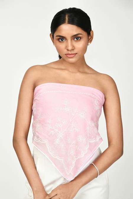 Komal Shah_Pink Floral Summer Chanderi Embroidered Scarf _Online_at_Aza_Fashions