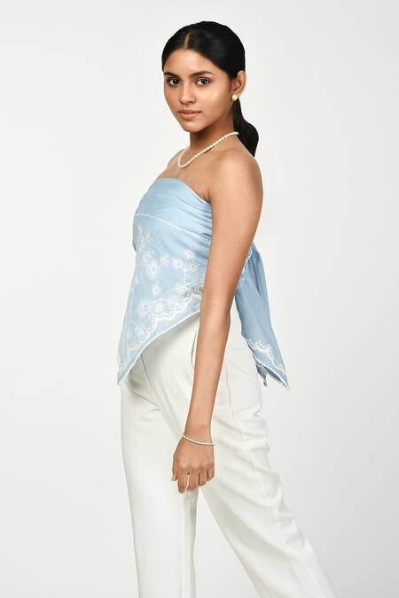 Buy Komal Shah Blue Floral Summer Chanderi Florette Embroidered Scarf Online at Aza Fashions Buy_Komal Shah_Blue Floral Summer Chanderi Florette Embroidered Scarf _Online_at_Aza_Fashions