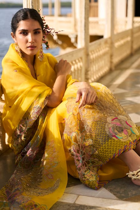 Rajiramniq Yellow Organza, Crepe Embroidery Floral Print Saree With Unstitched Blouse Piece Online at Aza Fashions Rajiramniq_Yellow Organza, Crepe Embroidery Floral Print Saree With Unstitched Blouse Piece _Online_at_Aza_Fashions