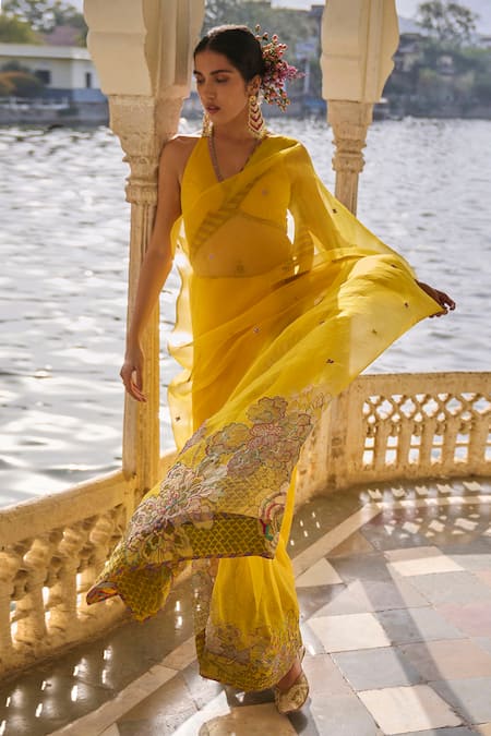Buy Rajiramniq Yellow Organza, Crepe Embroidery Floral Print Saree With Unstitched Blouse Piece Online at Aza Fashions Buy_Rajiramniq_Yellow Organza, Crepe Embroidery Floral Print Saree With Unstitched Blouse Piece _Online_at_Aza_Fashions