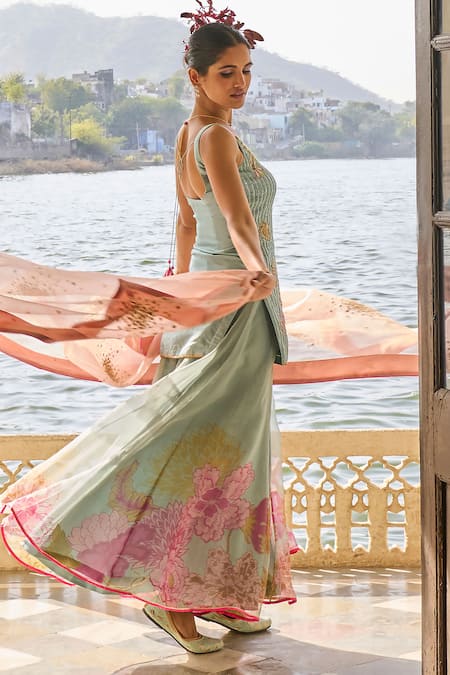 Shop Rajiramniq Blue Silk Print Floral Scoop Neck Sequin And Embroidered Kurta Sharara Set at Aza Fashions Shop_Rajiramniq_Blue Silk Print Floral Scoop Neck Sequin And Embroidered Kurta Sharara Set _at_Aza_Fashions