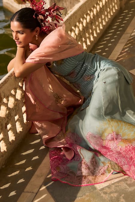 Buy Rajiramniq Blue Silk Print Floral Scoop Neck Sequin And Embroidered Kurta Sharara Set Online at Aza Fashions Buy_Rajiramniq_Blue Silk Print Floral Scoop Neck Sequin And Embroidered Kurta Sharara Set _Online_at_Aza_Fashions