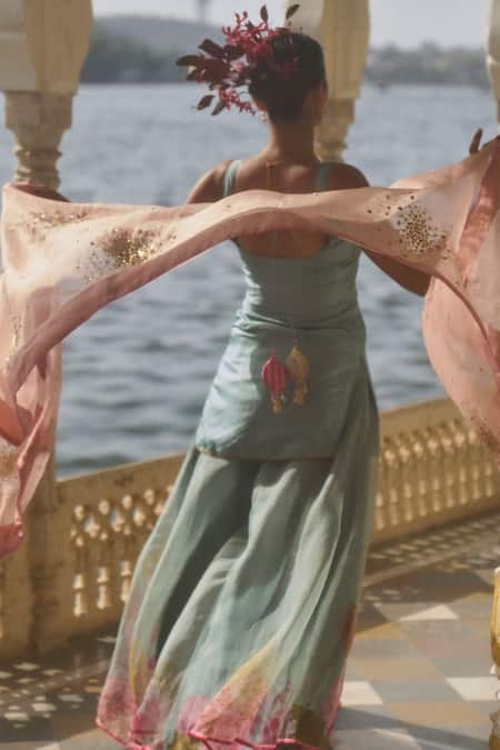 Rajiramniq Blue Silk Print Floral Scoop Neck Sequin And Embroidered Kurta Sharara Set at Aza Fashions Rajiramniq_Blue Silk Print Floral Scoop Neck Sequin And Embroidered Kurta Sharara Set _at_Aza_Fashions