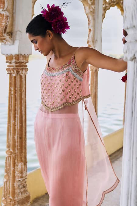 Shop Rajiramniq Pink Organza Hand Embroidery Floral Scoop Neck Yoke Sheer Kurta Palazzo Set at Aza Fashions Shop_Rajiramniq_Pink Organza Hand Embroidery Floral Scoop Neck Yoke Sheer Kurta Palazzo Set _at_Aza_Fashions