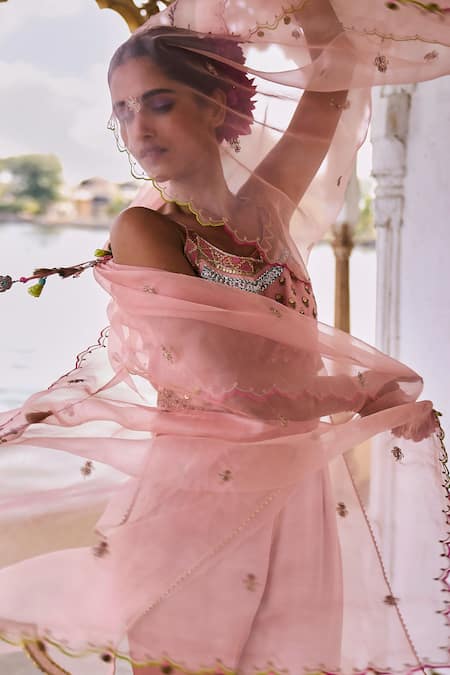 Rajiramniq Pink Organza Hand Embroidery Floral Scoop Neck Yoke Sheer Kurta Palazzo Set Online at Aza Fashions Rajiramniq_Pink Organza Hand Embroidery Floral Scoop Neck Yoke Sheer Kurta Palazzo Set _Online_at_Aza_Fashions