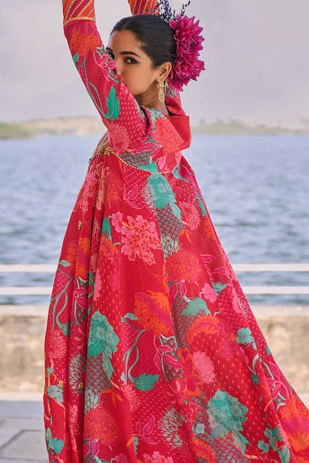Shop Rajiramniq Red Crepe Print Floral Round Neck Anarkali With Palazzo at Aza Fashions Shop_Rajiramniq_Red Crepe Print Floral Round Neck Anarkali With Palazzo _at_Aza_Fashions