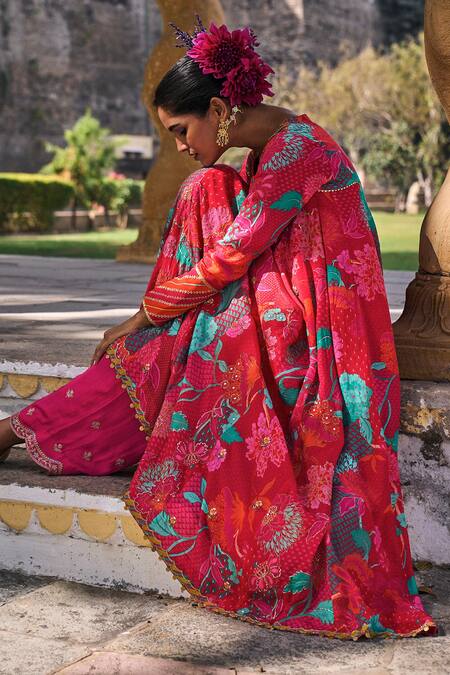 Rajiramniq Red Crepe Print Floral Round Neck Anarkali With Palazzo Online at Aza Fashions Rajiramniq_Red Crepe Print Floral Round Neck Anarkali With Palazzo _Online_at_Aza_Fashions