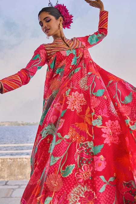 Buy Rajiramniq Red Crepe Print Floral Round Neck Anarkali With Palazzo Online at Aza Fashions Buy_Rajiramniq_Red Crepe Print Floral Round Neck Anarkali With Palazzo _Online_at_Aza_Fashions