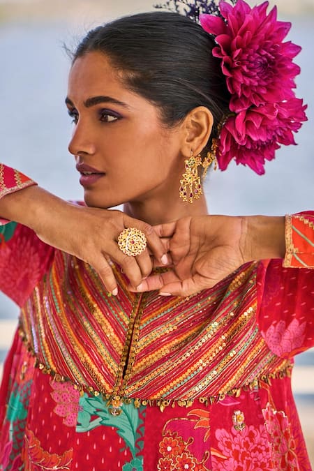 Shop Rajiramniq Red Crepe Print Floral Round Neck Anarkali With Palazzo Online at Aza Fashions Shop_Rajiramniq_Red Crepe Print Floral Round Neck Anarkali With Palazzo _Online_at_Aza_Fashions