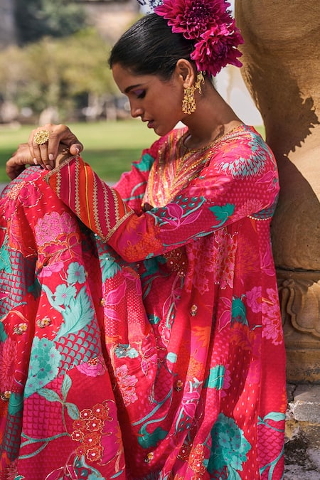 Rajiramniq Red Crepe Print Floral Round Neck Anarkali With Palazzo at Aza Fashions Rajiramniq_Red Crepe Print Floral Round Neck Anarkali With Palazzo _at_Aza_Fashions