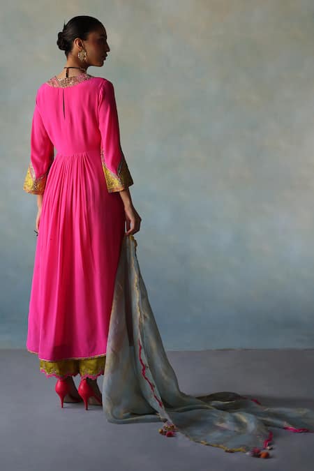 Shop Rajiramniq Pink Crepe, Modal, Tissue, Satin Embroidery, Placement Hand Anarkali Set at Aza Fashions Shop_Rajiramniq_Pink Crepe, Modal, Tissue, Satin Embroidery, Placement Hand Anarkali Set _at_Aza_Fashions