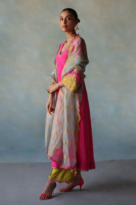 Rajiramniq Pink Crepe, Modal, Tissue, Satin Embroidery, Placement Hand Anarkali Set Online at Aza Fashions Rajiramniq_Pink Crepe, Modal, Tissue, Satin Embroidery, Placement Hand Anarkali Set _Online_at_Aza_Fashions