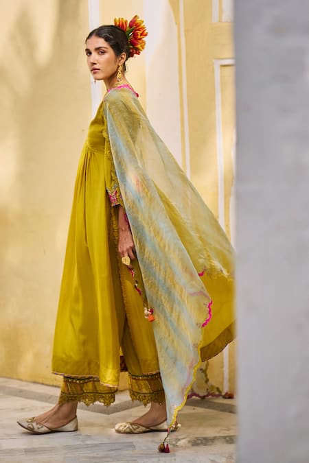 Shop Rajiramniq Yellow Crepe Placement Hand Embroidery Dori V Neck Bell Sleeve Anarkali Set at Aza Fashions Shop_Rajiramniq_Yellow Crepe Placement Hand Embroidery Dori V Neck Bell Sleeve Anarkali Set _at_Aza_Fashions