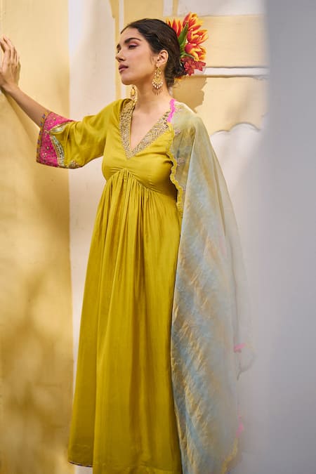 Buy Rajiramniq Yellow Crepe Placement Hand Embroidery Dori V Neck Bell Sleeve Anarkali Set Online at Aza Fashions Buy_Rajiramniq_Yellow Crepe Placement Hand Embroidery Dori V Neck Bell Sleeve Anarkali Set _Online_at_Aza_Fashions