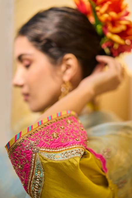 Shop Rajiramniq Yellow Crepe Placement Hand Embroidery Dori V Neck Bell Sleeve Anarkali Set Online at Aza Fashions Shop_Rajiramniq_Yellow Crepe Placement Hand Embroidery Dori V Neck Bell Sleeve Anarkali Set _Online_at_Aza_Fashions