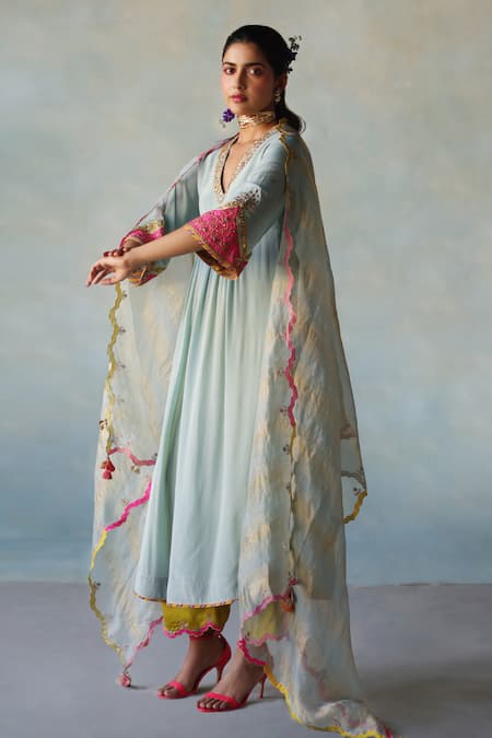 Rajiramniq_Blue Crepe, Modal, Tissue, Placement Hand Embroidered Anarkali Palazzo Set _Online_at_Aza_Fashions