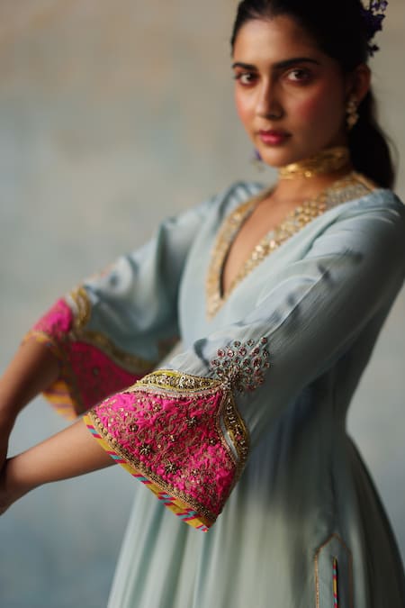 Buy_Rajiramniq_Blue Crepe, Modal, Tissue, Placement Hand Embroidered Anarkali Palazzo Set _Online_at_Aza_Fashions