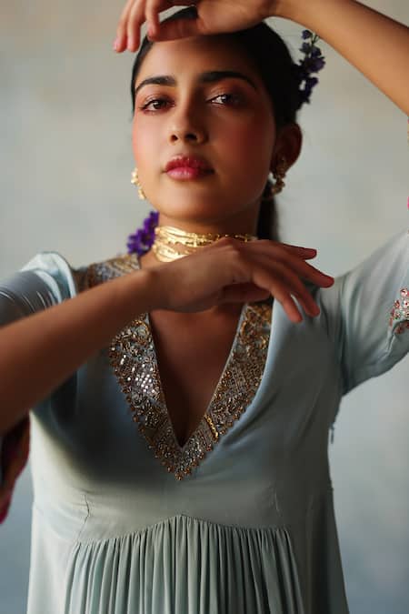 Shop_Rajiramniq_Blue Crepe, Modal, Tissue, Placement Hand Embroidered Anarkali Palazzo Set _Online_at_Aza_Fashions