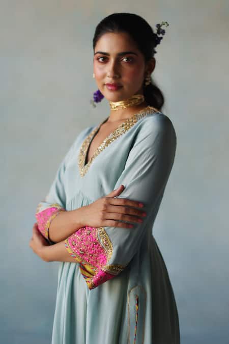 Rajiramniq_Blue Crepe, Modal, Tissue, Placement Hand Embroidered Anarkali Palazzo Set _at_Aza_Fashions