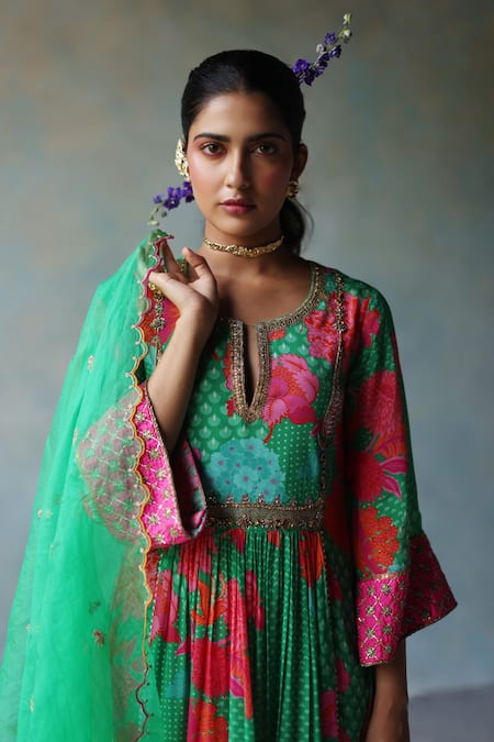 Rajiramniq_Green Crepe Print Floral Bloom Round Neck Anarkali Palazzo Set _Online_at_Aza_Fashions