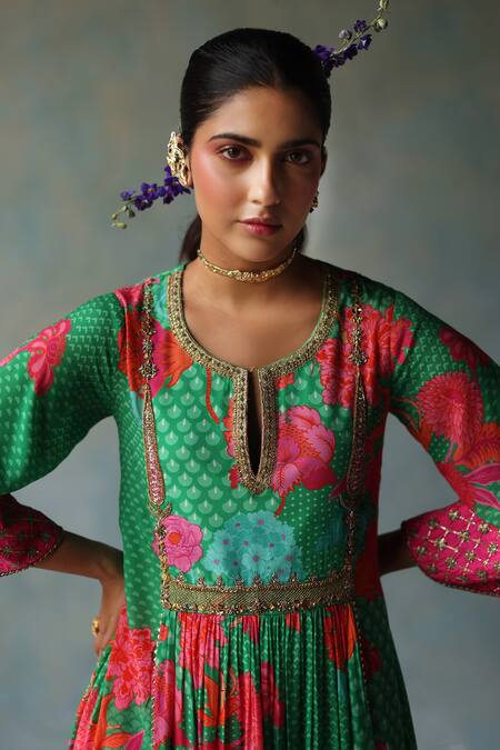 Buy_Rajiramniq_Green Crepe Print Floral Bloom Round Neck Anarkali Palazzo Set _Online_at_Aza_Fashions