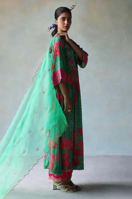 Shop_Rajiramniq_Green Crepe Print Floral Bloom Round Neck Anarkali Palazzo Set _Online_at_Aza_Fashions