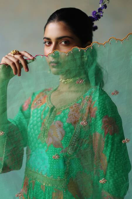 Rajiramniq_Green Crepe Print Floral Bloom Round Neck Anarkali Palazzo Set _at_Aza_Fashions