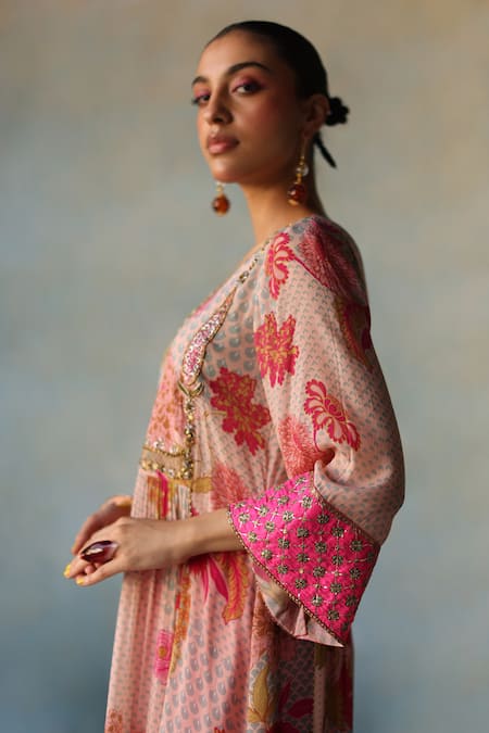 Rajiramniq_Pink Crepe Print Flower Vine Round Neck Anarkali Set _Online_at_Aza_Fashions