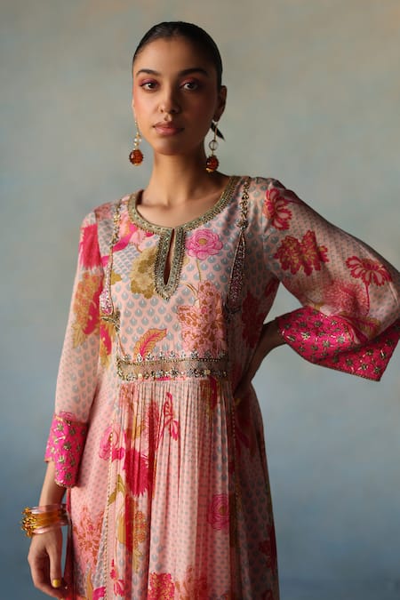 Buy_Rajiramniq_Pink Crepe Print Flower Vine Round Neck Anarkali Set _Online_at_Aza_Fashions