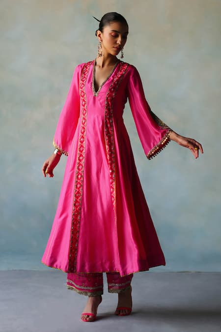 Buy_Rajiramniq_Pink Silk Placement Hand Embroidery Cutdana V Neck Dori Anarkali Palazzo Set _Online_at_Aza_Fashions