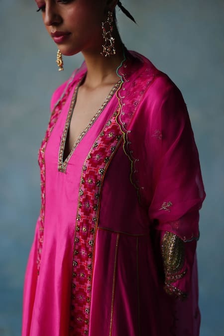 Shop_Rajiramniq_Pink Silk Placement Hand Embroidery Cutdana V Neck Dori Anarkali Palazzo Set _Online_at_Aza_Fashions