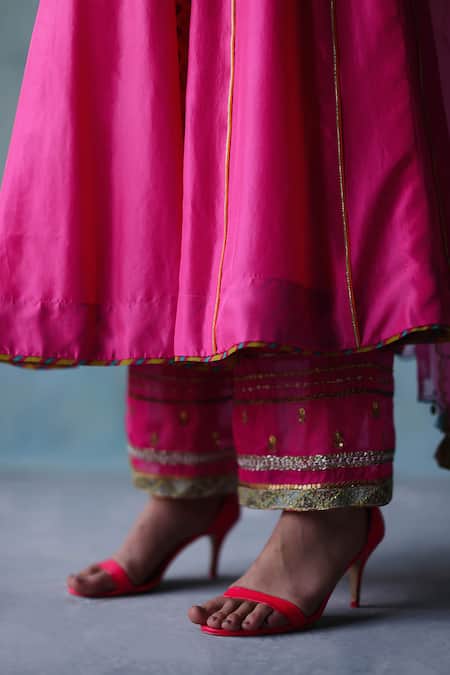 Rajiramniq_Pink Silk Placement Hand Embroidery Cutdana V Neck Dori Anarkali Palazzo Set _at_Aza_Fashions