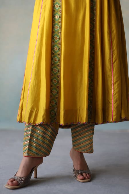 Rajiramniq Yellow Silk Placement Hand Embroidery Cutdana V Neck And Sequin Anarkali Set Online at Aza Fashions Rajiramniq_Yellow Silk Placement Hand Embroidery Cutdana V Neck And Sequin Anarkali Set _Online_at_Aza_Fashions