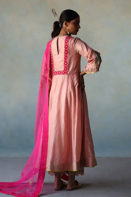 Shop Rajiramniq Pink Silk Placement Hand Embroidery Geometric Panel Print Anarkali Palazzo Set at Aza Fashions Shop_Rajiramniq_Pink Silk Placement Hand Embroidery Geometric Panel Print Anarkali Palazzo Set _at_Aza_Fashions