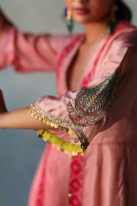 Rajiramniq Pink Silk Placement Hand Embroidery Geometric Panel Print Anarkali Palazzo Set Online at Aza Fashions Rajiramniq_Pink Silk Placement Hand Embroidery Geometric Panel Print Anarkali Palazzo Set _Online_at_Aza_Fashions