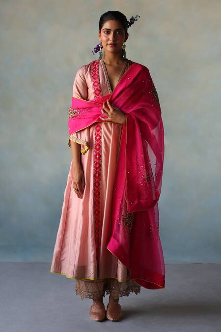 Buy Rajiramniq Pink Silk Placement Hand Embroidery Geometric Panel Print Anarkali Palazzo Set Online at Aza Fashions Buy_Rajiramniq_Pink Silk Placement Hand Embroidery Geometric Panel Print Anarkali Palazzo Set _Online_at_Aza_Fashions